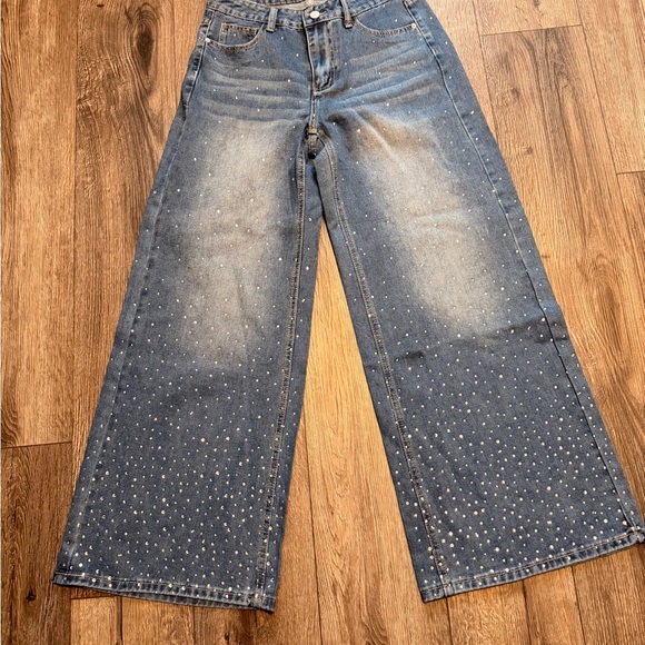 Denim - Women's Blue Jeweled Wide-Leg Jeans